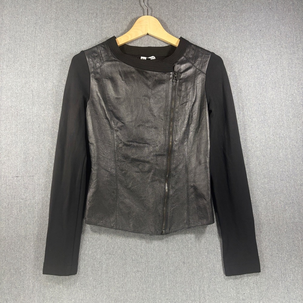 My Tribe Genuine Leather Moto Jacket Raw Edge Asymmetric Zip Knit Sleeve XS